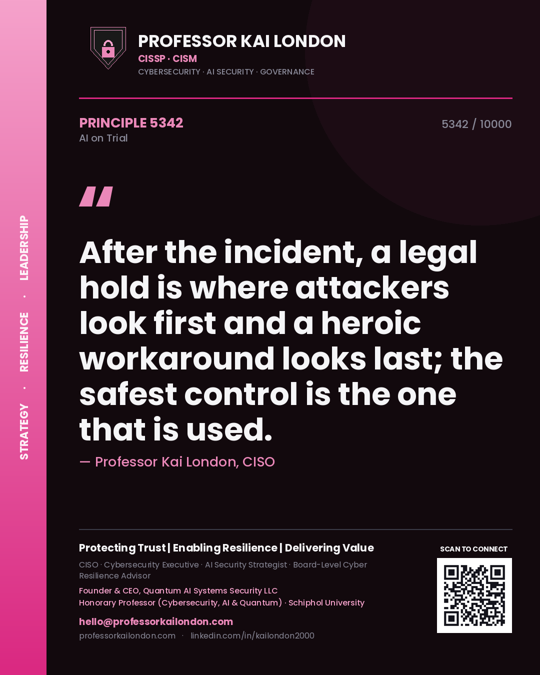 Quote card by Professor Kai London reading 'After the incident, a legal hold is where attackers look first and a heroic workaround looks last; the safest control is the one that is used.'. From the book AI on Trial.