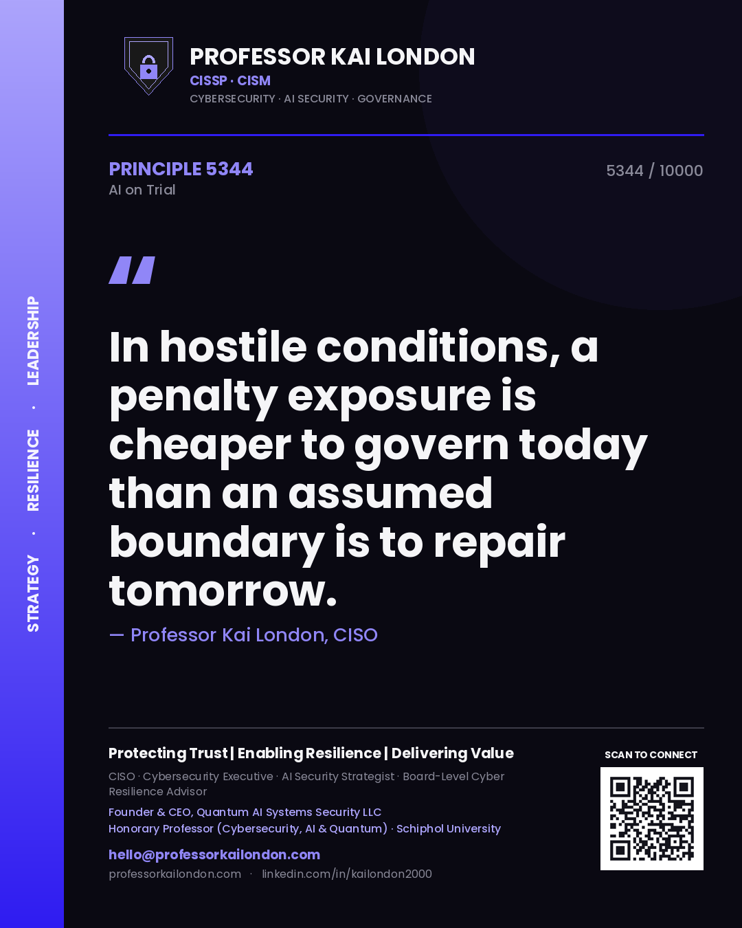 Quote card by Professor Kai London reading 'In hostile conditions, a penalty exposure is cheaper to govern today than an assumed boundary is to repair tomorrow.'. From the book AI on Trial.