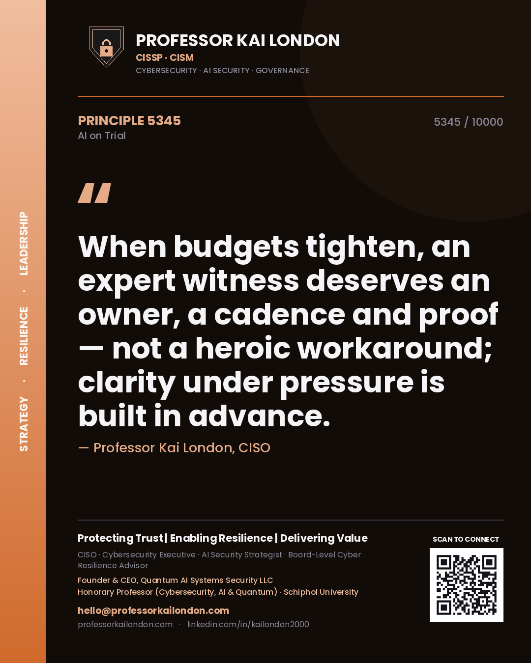 Quote card by Professor Kai London reading 'When budgets tighten, an expert witness deserves an owner, a cadence and proof — not a heroic workaround; clarity under pressure is built in advance.'. From the book AI on Trial.