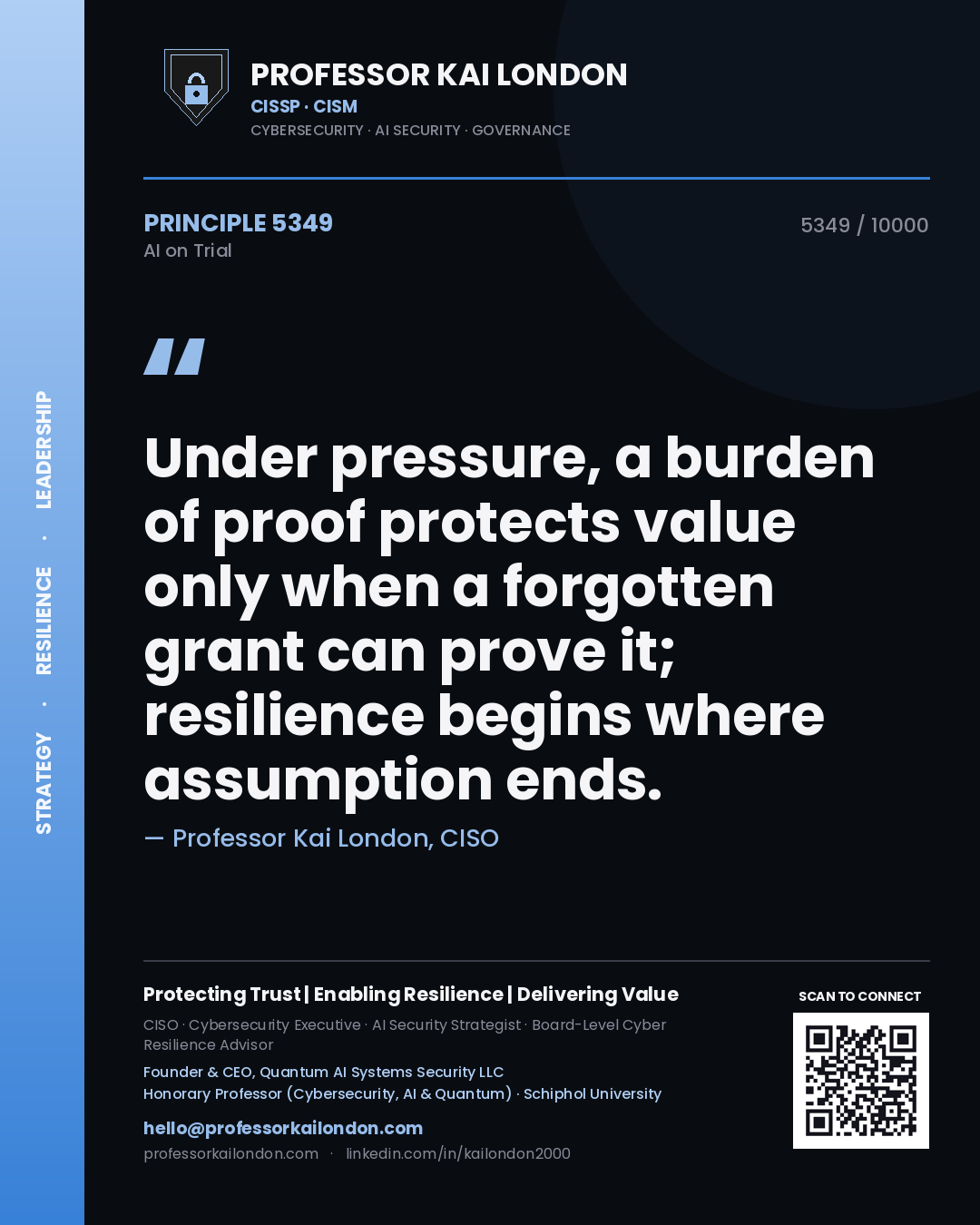 Quote card by Professor Kai London reading 'Under pressure, a burden of proof protects value only when a forgotten grant can prove it; resilience begins where assumption ends.'. From the book AI on Trial.
