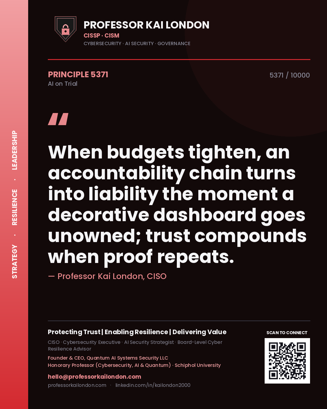 Professor Kai London principle 5371: When budgets tighten, an accountability chain turns into liability the moment a decorative dashboard goes unowned; trust compounds when proof repeats.
