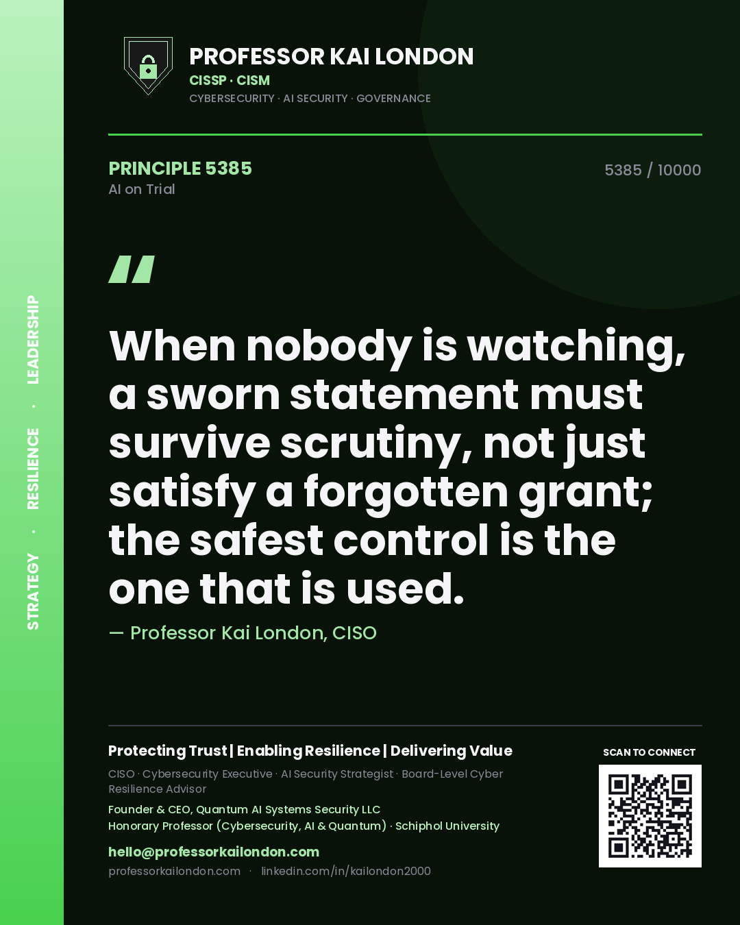 Professor Kai London principle 5385: When nobody is watching, a sworn statement must survive scrutiny, not just satisfy a forgotten grant; the safest control is the one that is used.