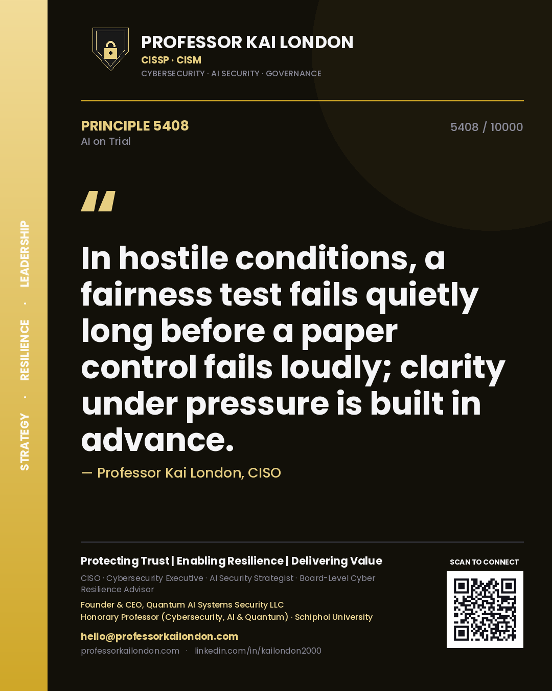 Quote card by Professor Kai London reading 'In hostile conditions, a fairness test fails quietly long before a paper control fails loudly; clarity under pressure is built in advance.'. From the book AI on Trial.