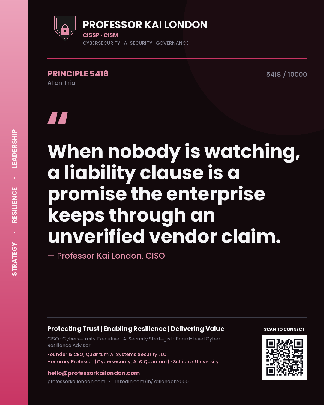 Quote card by Professor Kai London reading 'When nobody is watching, a liability clause is a promise the enterprise keeps through an unverified vendor claim.'. From the book AI on Trial.