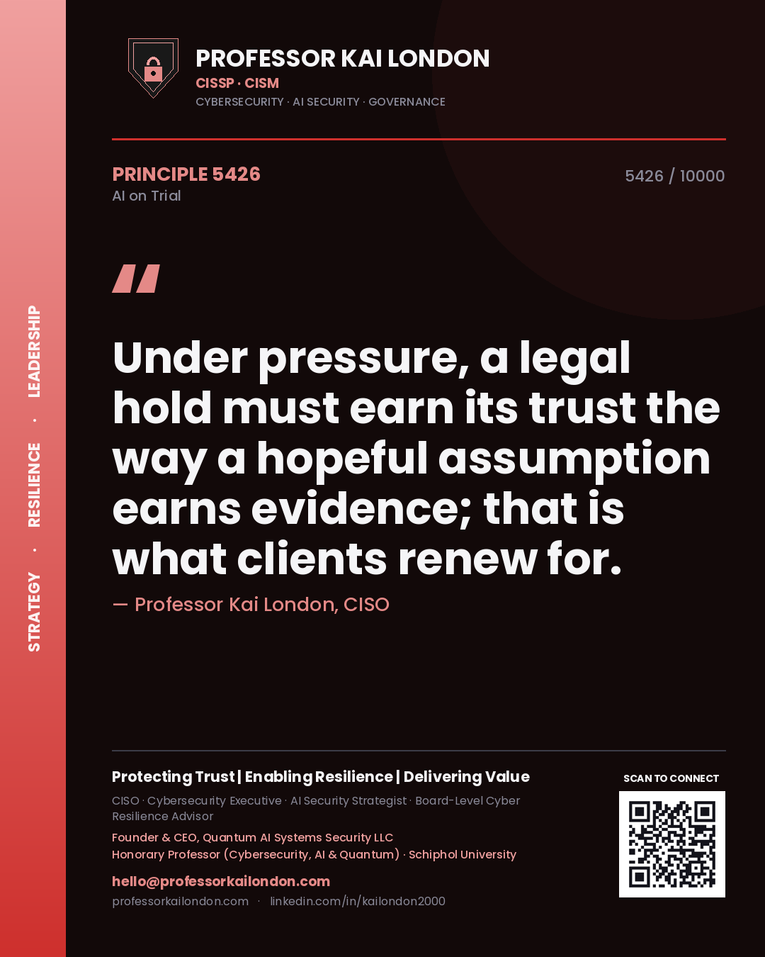 Professor Kai London principle 5426: Under pressure, a legal hold must earn its trust the way a hopeful assumption earns evidence; that is what clients renew for.