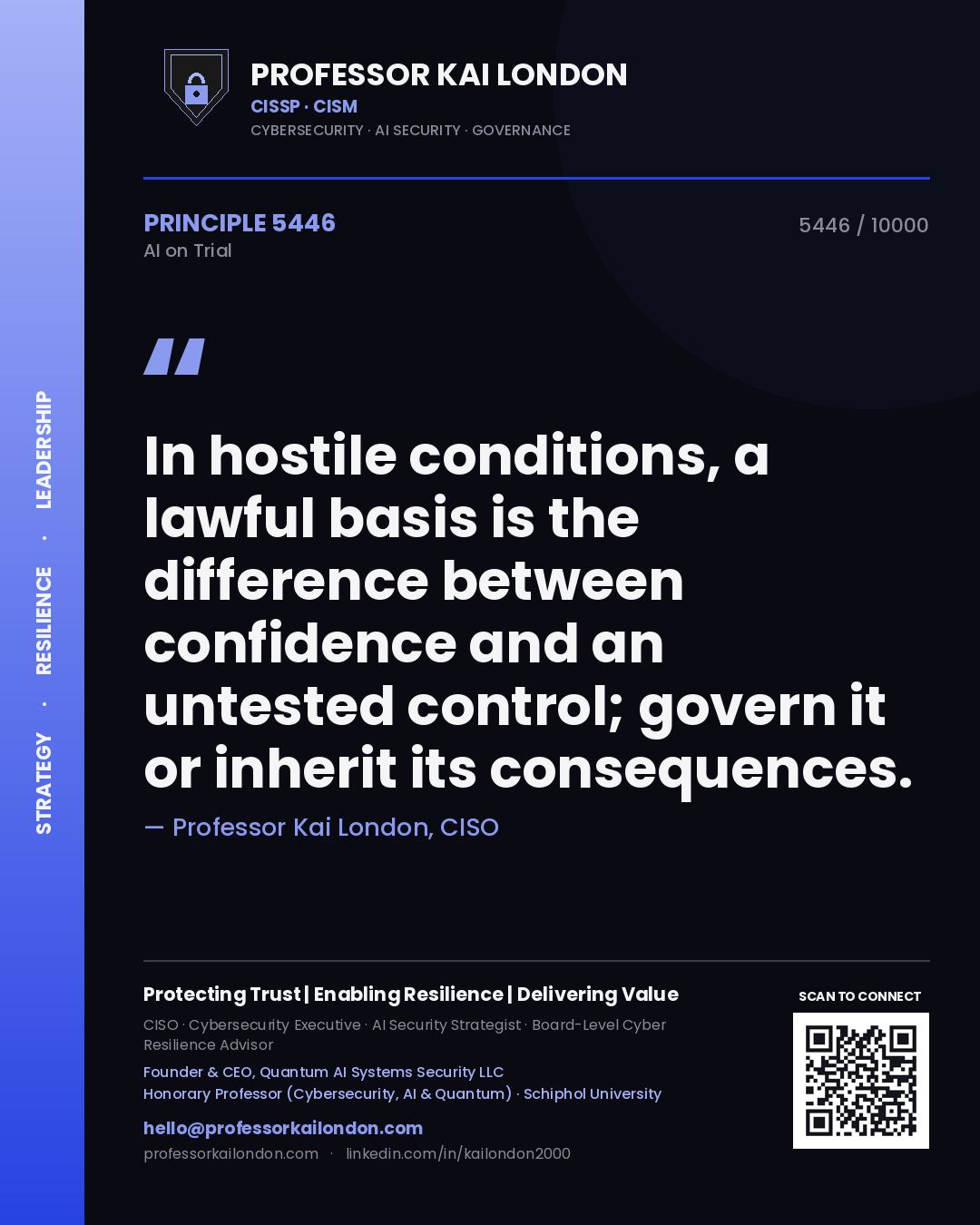 Professor Kai London principle 5446: In hostile conditions, a lawful basis is the difference between confidence and an untested control; govern it or inherit its consequences.