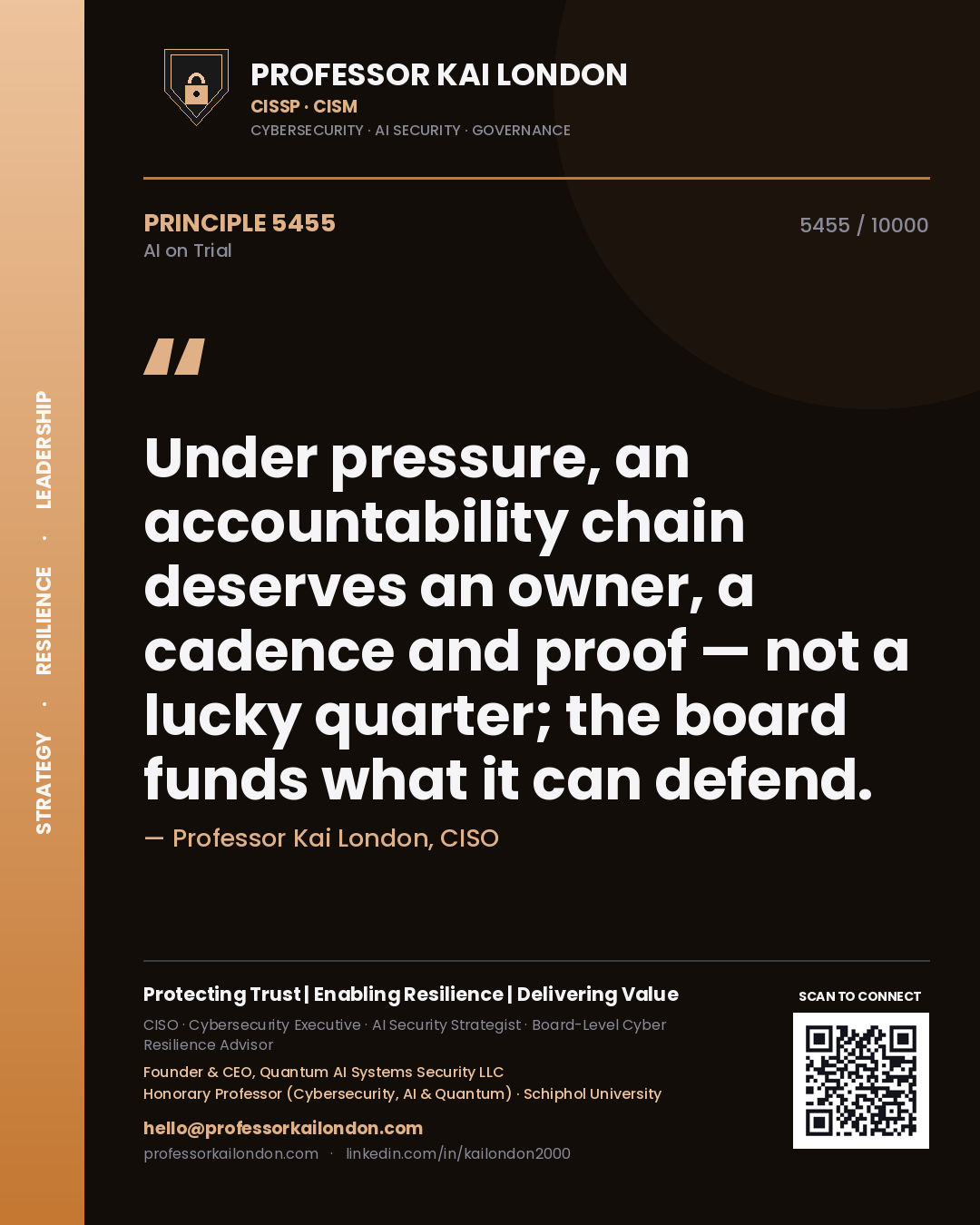 Professor Kai London principle 5455: Under pressure, an accountability chain deserves an owner, a cadence and proof — not a lucky quarter; the board funds what it can defend.
