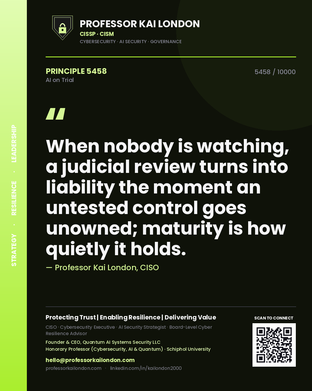 Professor Kai London principle 5458: When nobody is watching, a judicial review turns into liability the moment an untested control goes unowned; maturity is how quietly it holds.