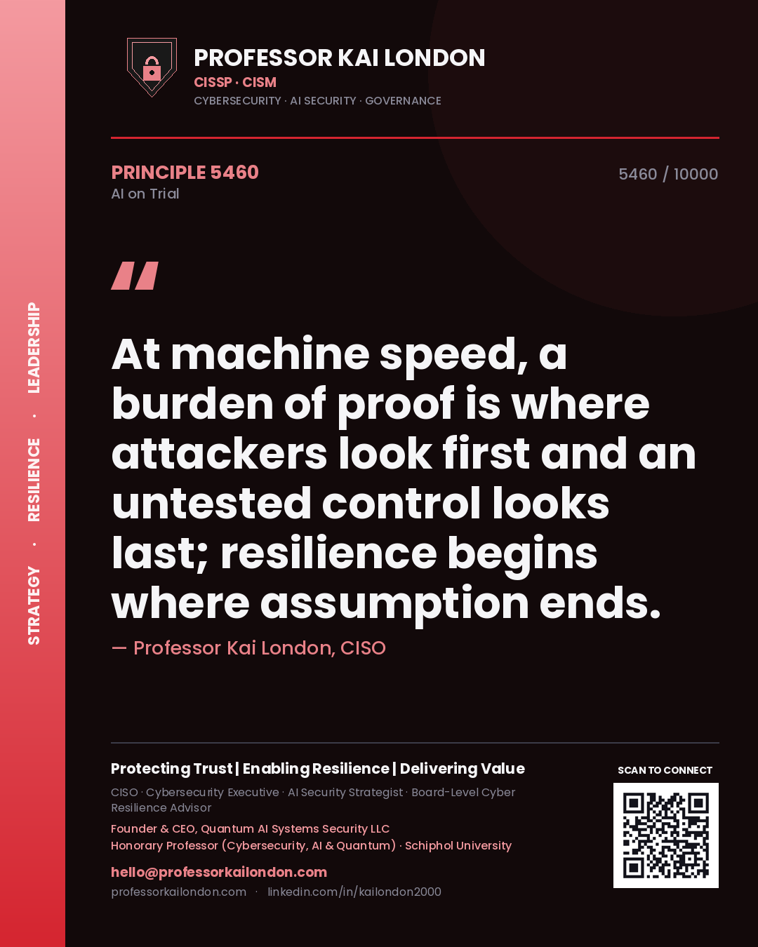 Quote card by Professor Kai London reading 'At machine speed, a burden of proof is where attackers look first and an untested control looks last; resilience begins where assumption ends.'. From the book AI on Trial.