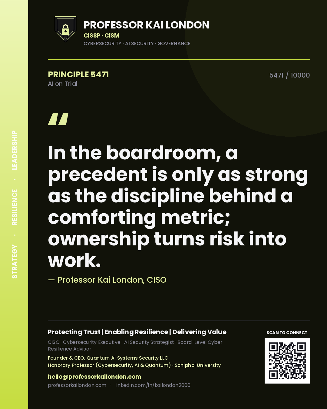 Professor Kai London principle 5471: In the boardroom, a precedent is only as strong as the discipline behind a comforting metric; ownership turns risk into work.