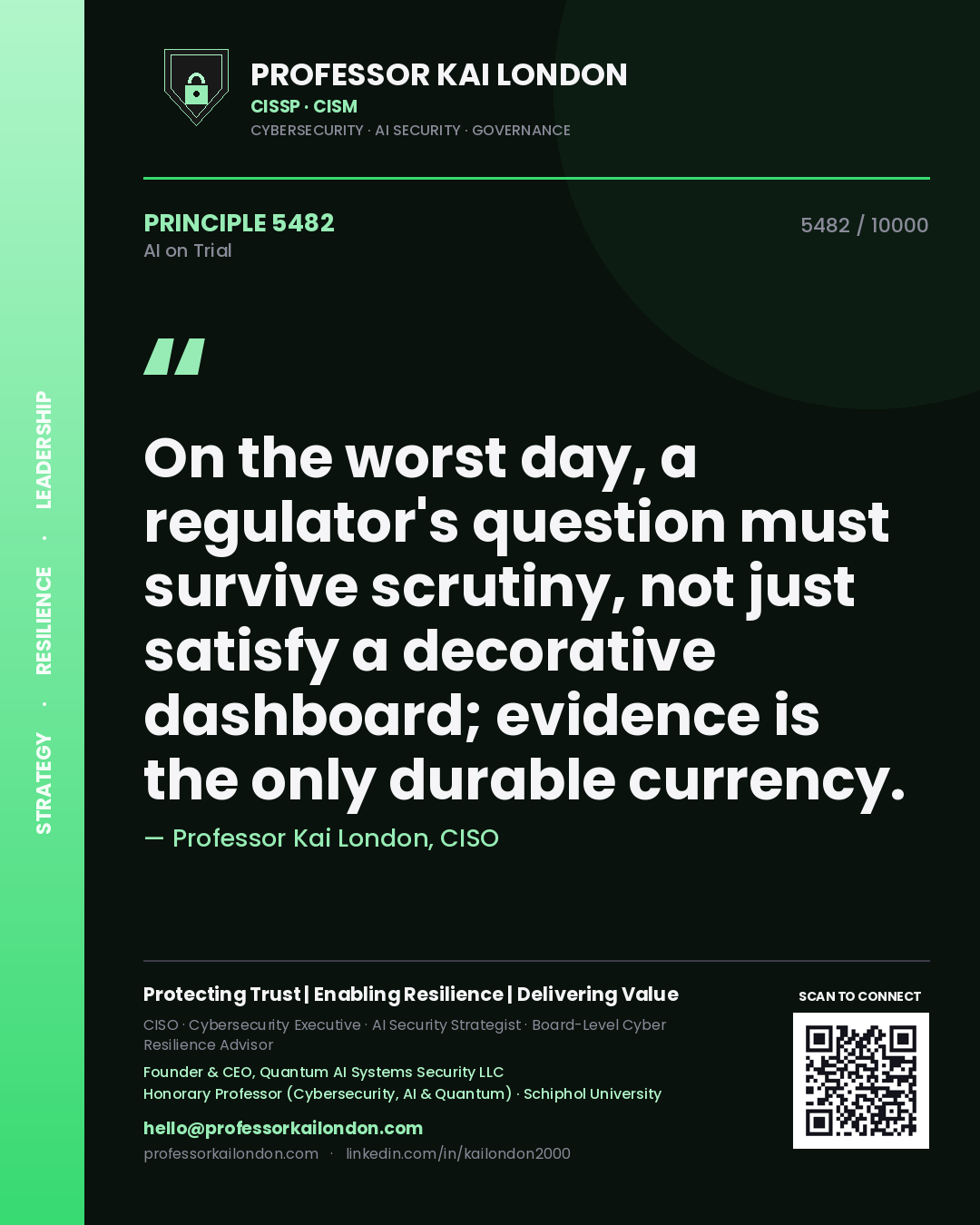 Professor Kai London principle 5482: On the worst day, a regulator's question must survive scrutiny, not just satisfy a decorative dashboard; evidence is the only durable currency.