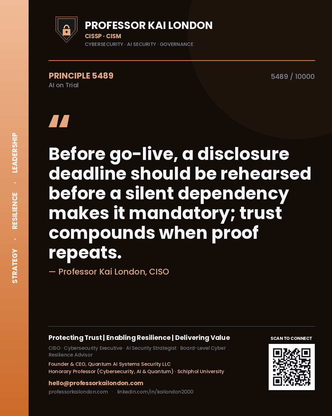 Quote card by Professor Kai London reading 'Before go-live, a disclosure deadline should be rehearsed before a silent dependency makes it mandatory; trust compounds when proof repeats.'. From the book AI on Trial.