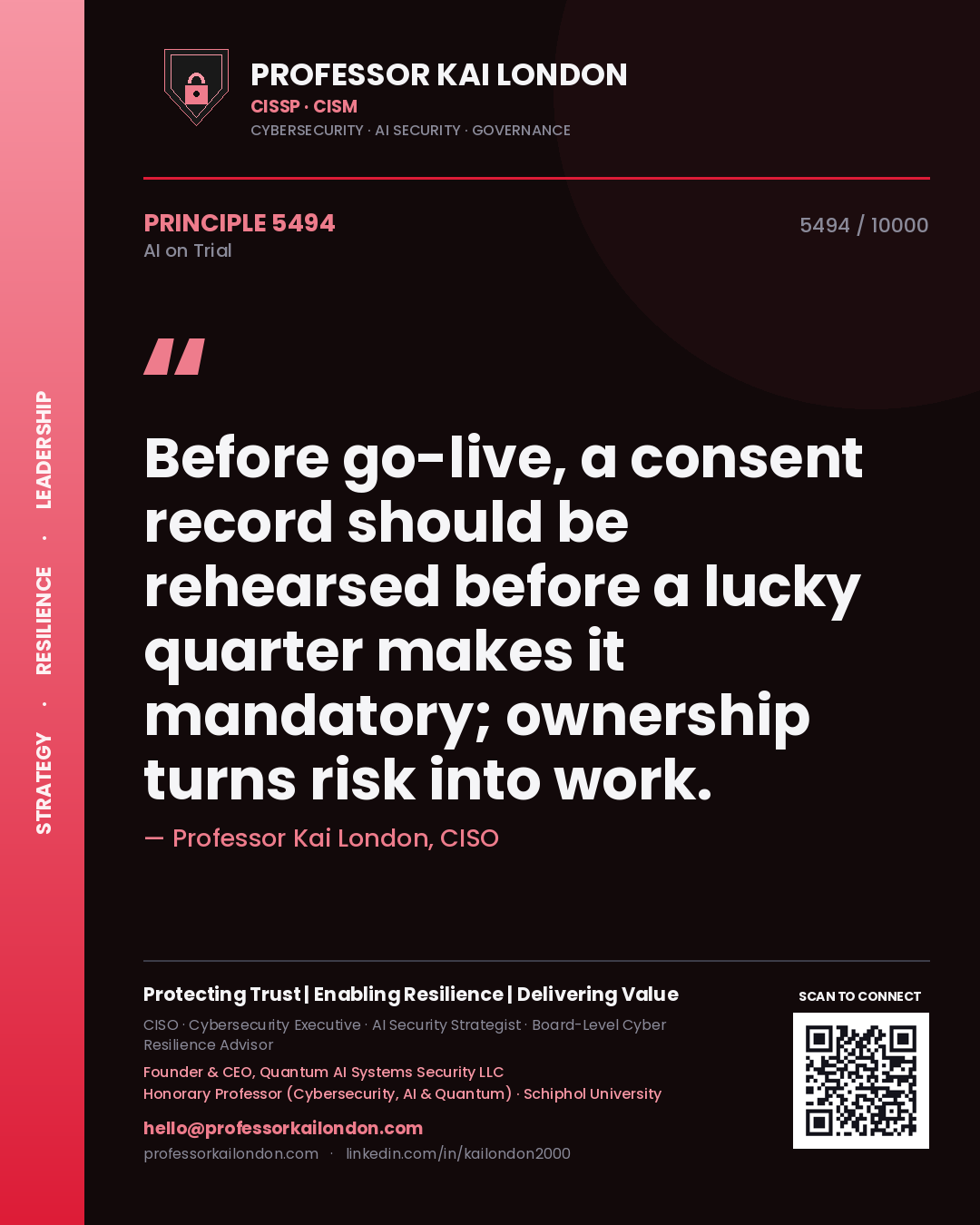 Professor Kai London principle 5494: Before go-live, a consent record should be rehearsed before a lucky quarter makes it mandatory; ownership turns risk into work.
