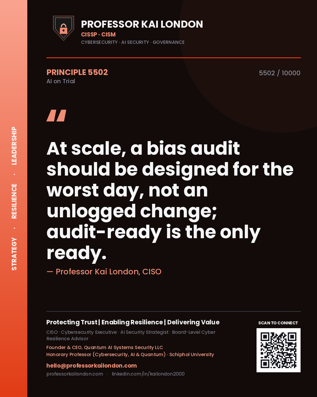 Professor Kai London principle 5502: At scale, a bias audit should be designed for the worst day, not an unlogged change; audit-ready is the only ready.
