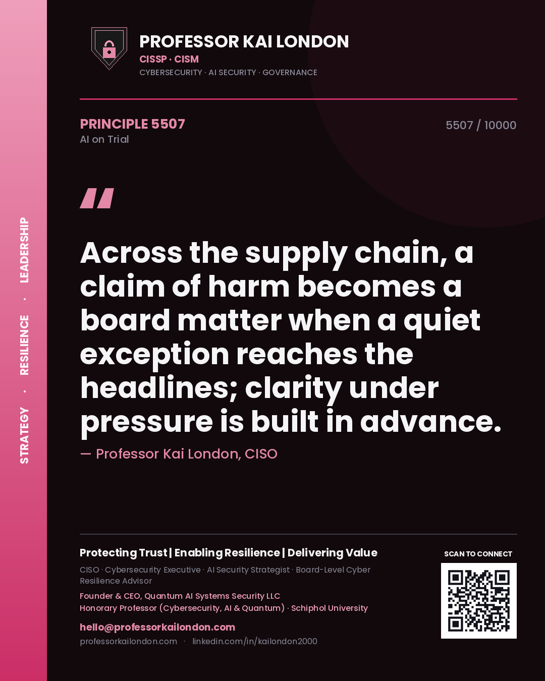 Quote card by Professor Kai London reading 'Across the supply chain, a claim of harm becomes a board matter when a quiet exception reaches the headlines; clarity under pressure is built in advance.'. From the book AI on Trial.