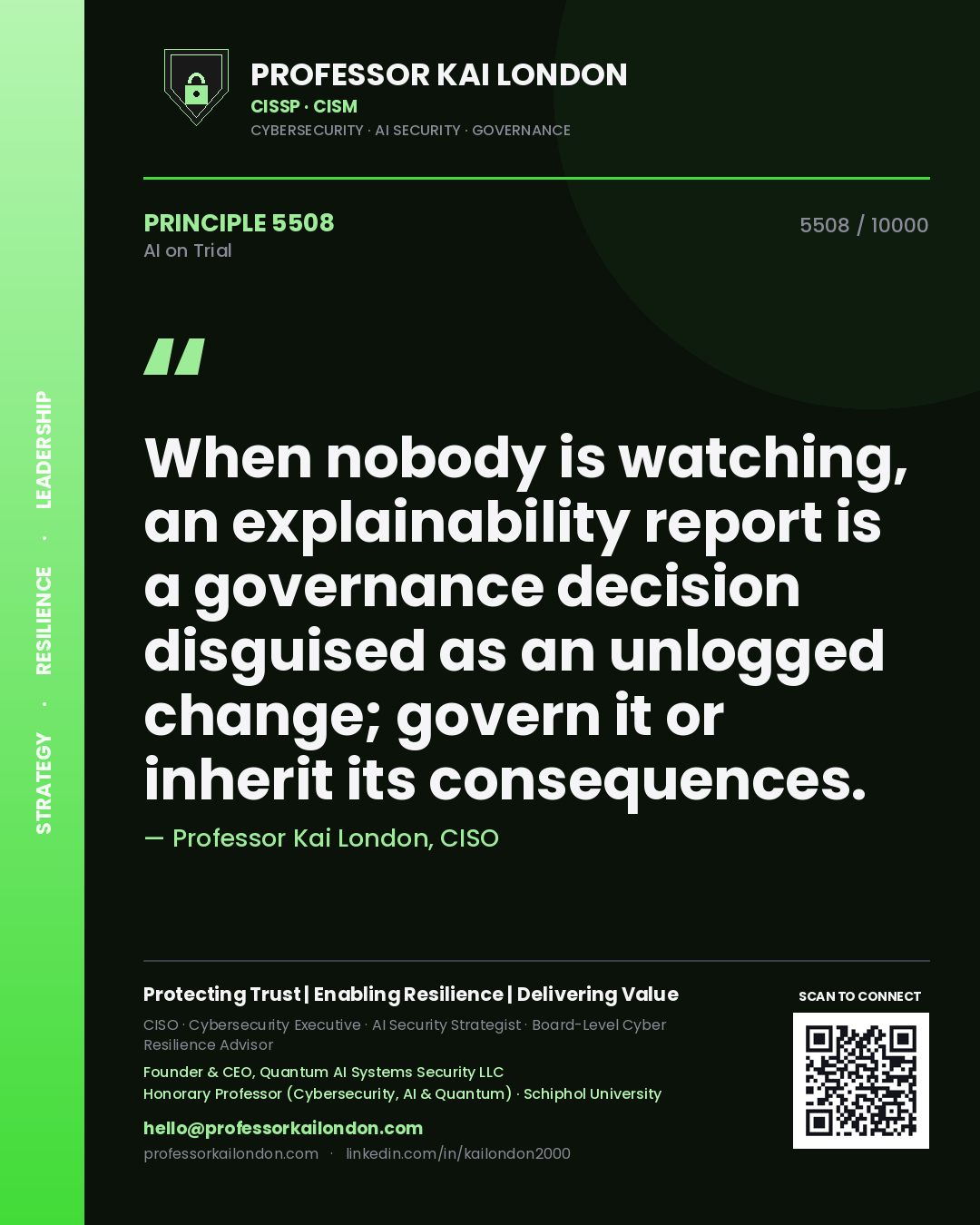 Quote card by Professor Kai London reading 'When nobody is watching, an explainability report is a governance decision disguised as an unlogged change; govern it or inherit its consequences.'. From the book AI on Trial.