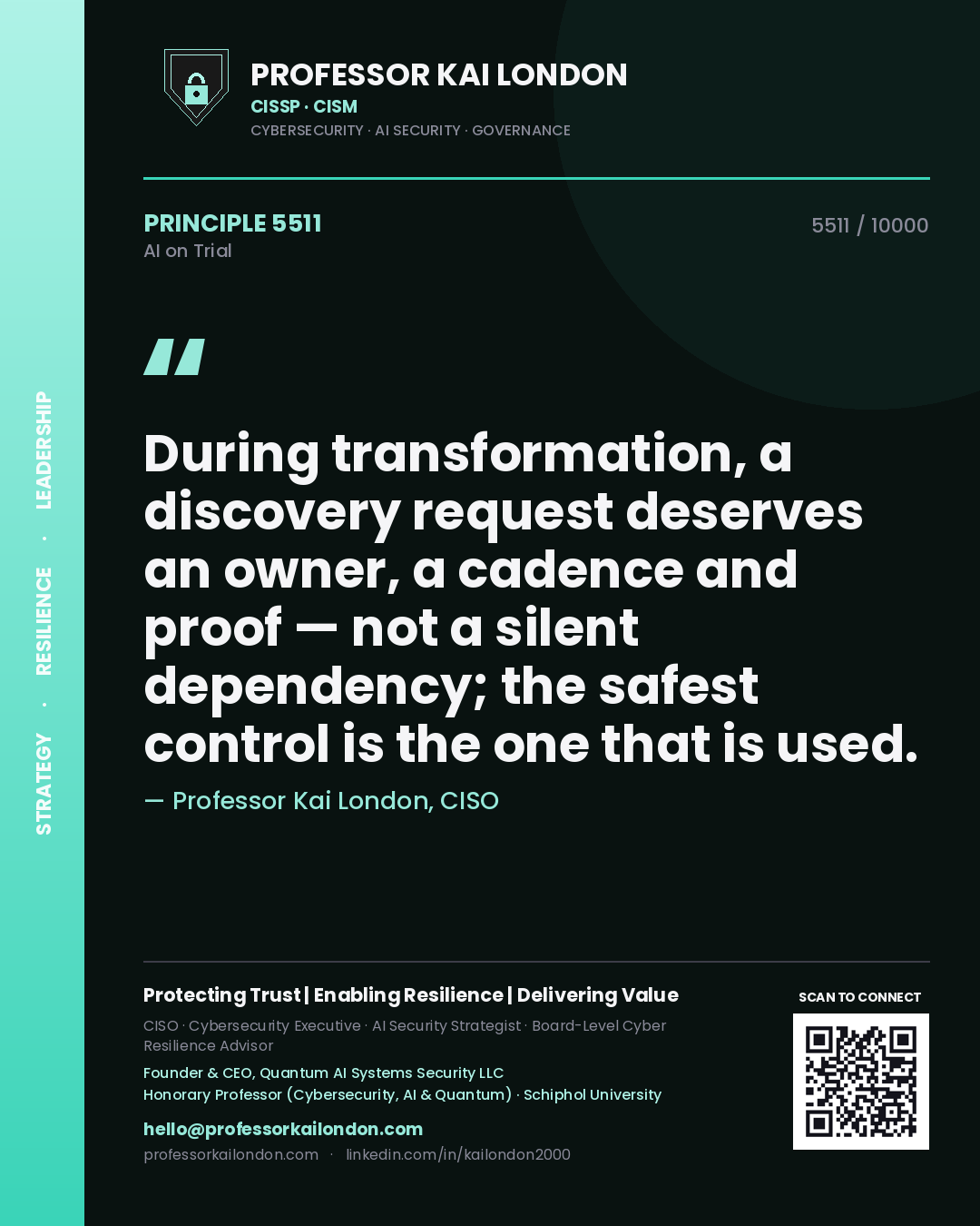 Professor Kai London principle 5511: During transformation, a discovery request deserves an owner, a cadence and proof — not a silent dependency; the safest control is the one that is used.