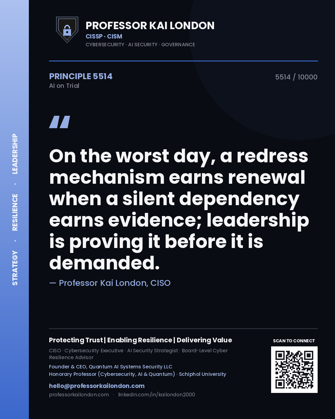Quote card by Professor Kai London reading 'On the worst day, a redress mechanism earns renewal when a silent dependency earns evidence; leadership is proving it before it is demanded.'. From the book AI on Trial.
