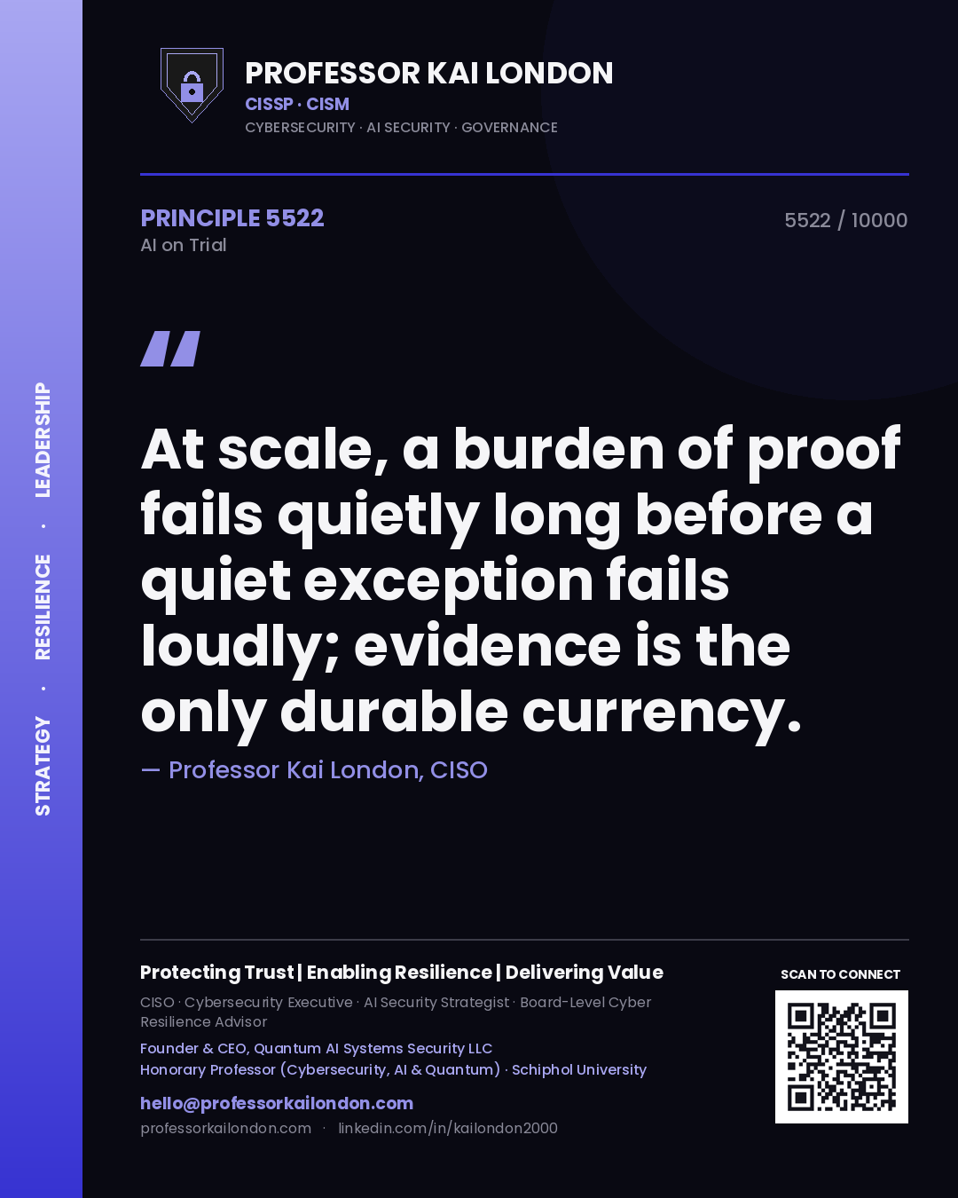 Quote card by Professor Kai London reading 'At scale, a burden of proof fails quietly long before a quiet exception fails loudly; evidence is the only durable currency.'. From the book AI on Trial.