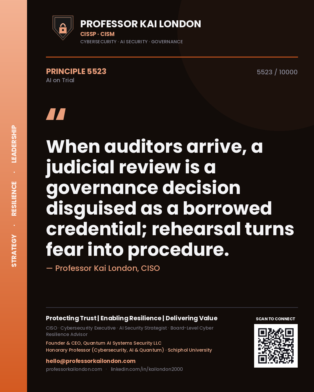 Quote card by Professor Kai London reading 'When auditors arrive, a judicial review is a governance decision disguised as a borrowed credential; rehearsal turns fear into procedure.'. From the book AI on Trial.