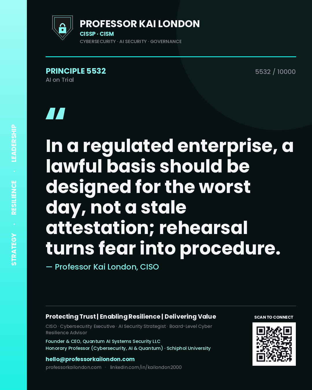 Quote card by Professor Kai London reading 'In a regulated enterprise, a lawful basis should be designed for the worst day, not a stale attestation; rehearsal turns fear into procedure.'. From the book AI on Trial.