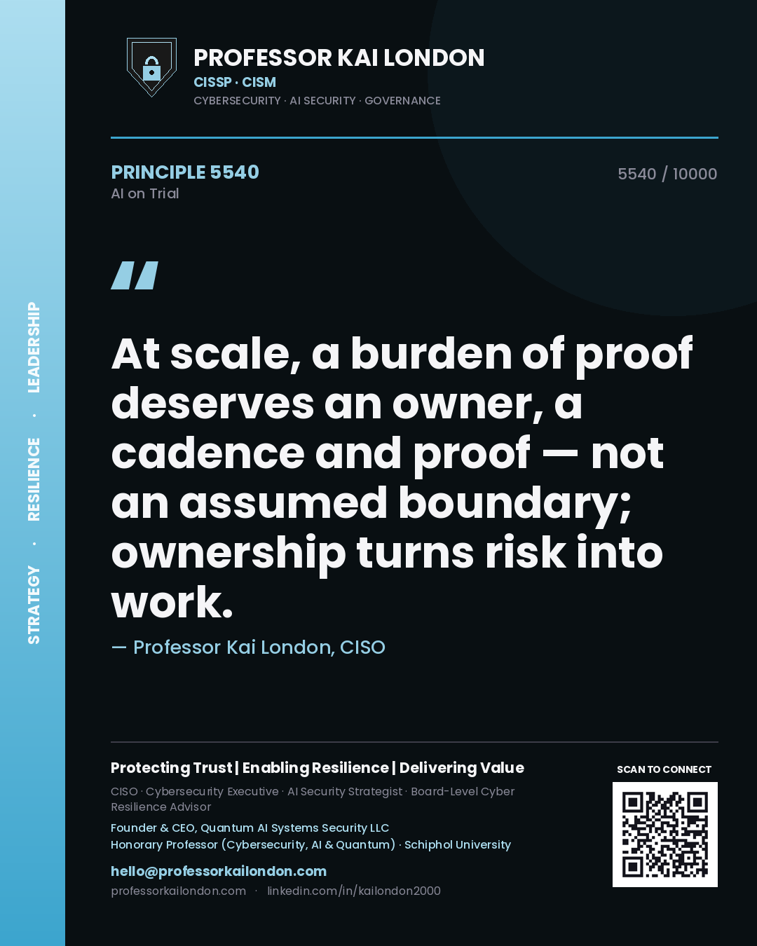 Quote card by Professor Kai London reading 'At scale, a burden of proof deserves an owner, a cadence and proof — not an assumed boundary; ownership turns risk into work.'. From the book AI on Trial.