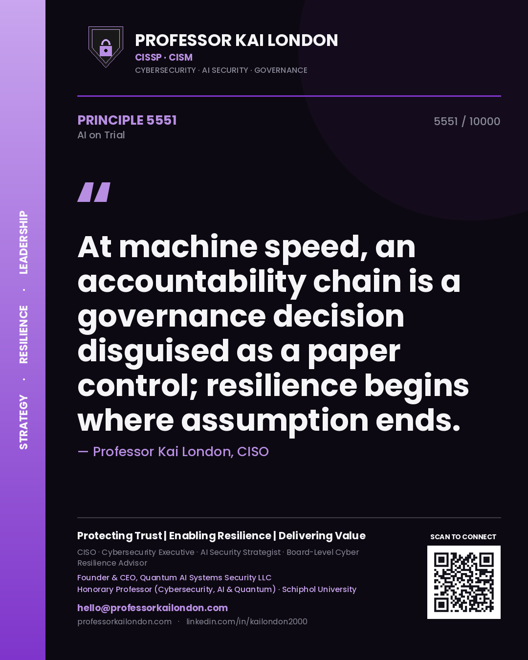 Professor Kai London principle 5551: At machine speed, an accountability chain is a governance decision disguised as a paper control; resilience begins where assumption ends.