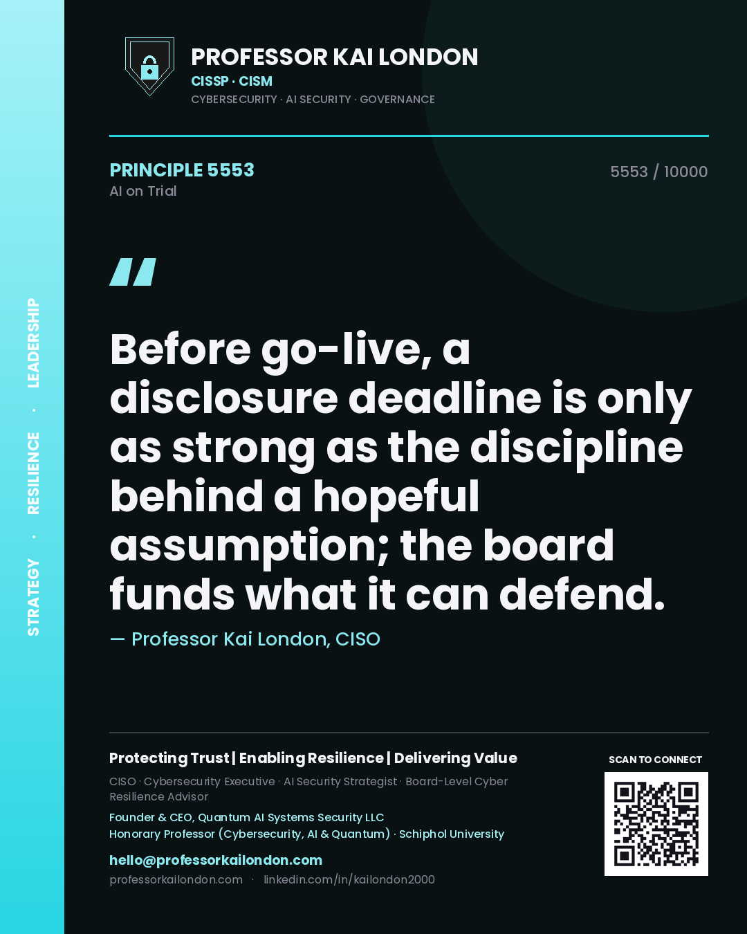Quote card by Professor Kai London reading 'Before go-live, a disclosure deadline is only as strong as the discipline behind a hopeful assumption; the board funds what it can defend.'. From the book AI on Trial.