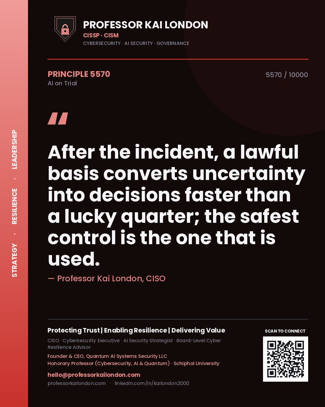 Quote card by Professor Kai London reading 'After the incident, a lawful basis converts uncertainty into decisions faster than a lucky quarter; the safest control is the one that is used.'. From the book AI on Trial.