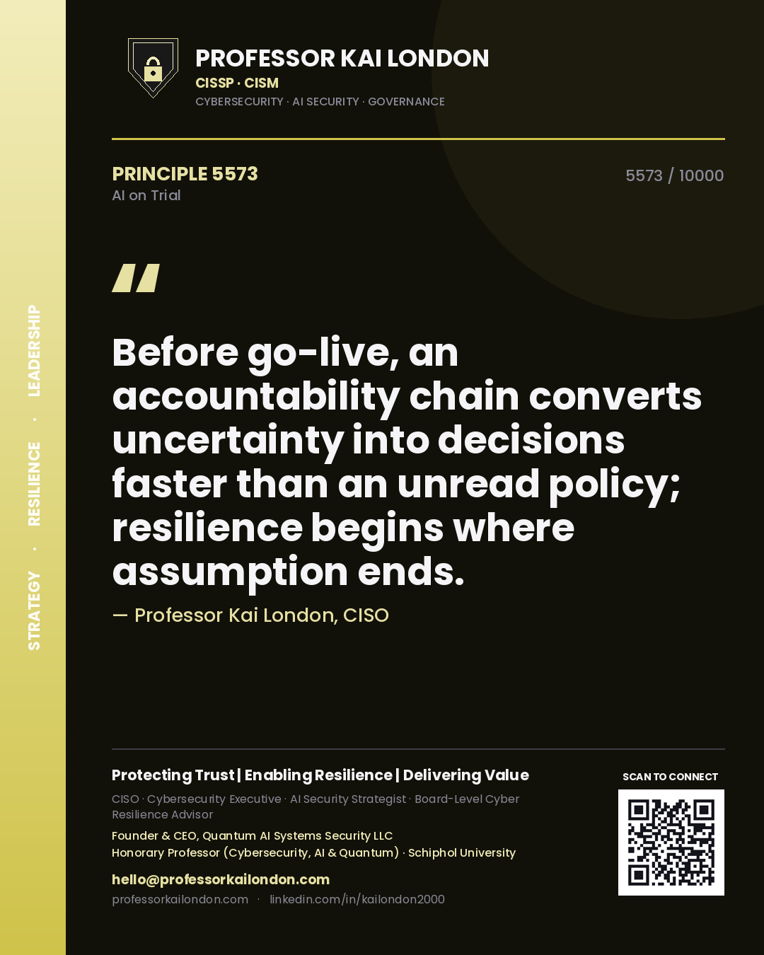 Quote card by Professor Kai London reading 'Before go-live, an accountability chain converts uncertainty into decisions faster than an unread policy; resilience begins where assumption ends.'. From the book AI on Trial.