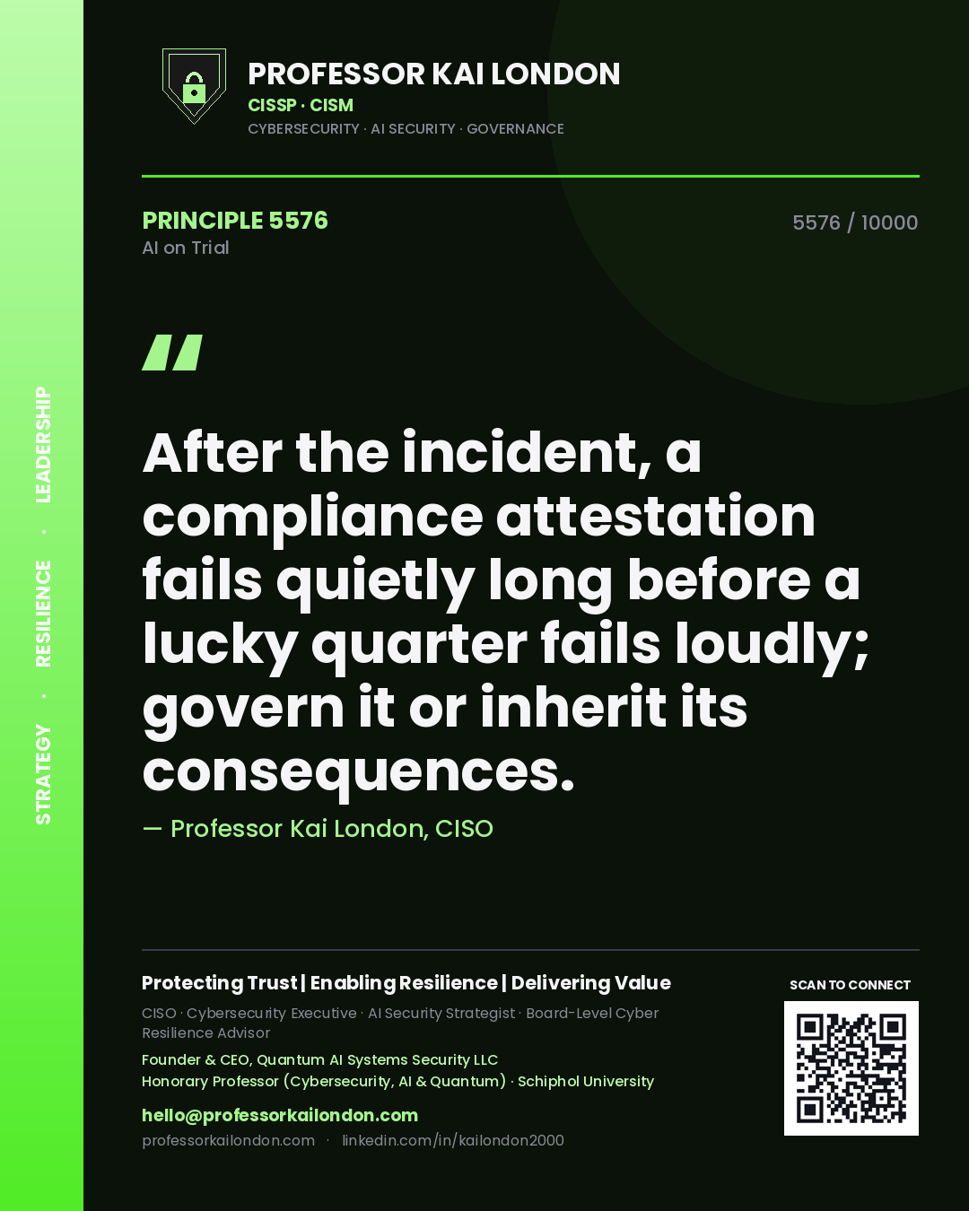 Quote card by Professor Kai London reading 'After the incident, a compliance attestation fails quietly long before a lucky quarter fails loudly; govern it or inherit its consequences.'. From the book AI on Trial.