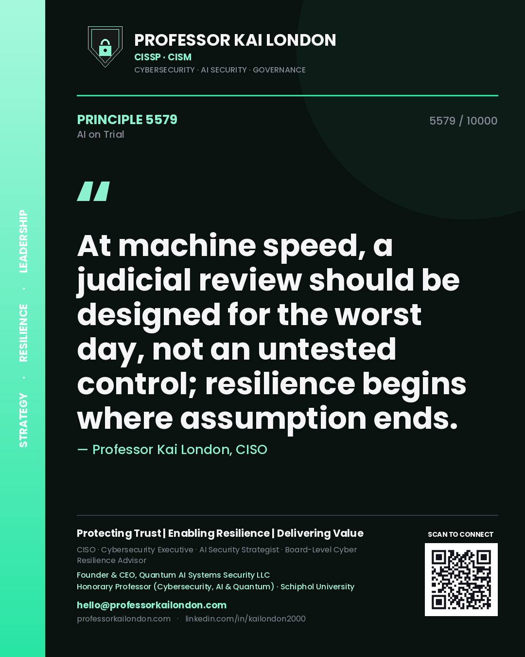 Quote card by Professor Kai London reading 'At machine speed, a judicial review should be designed for the worst day, not an untested control; resilience begins where assumption ends.'. From the book AI on Trial.