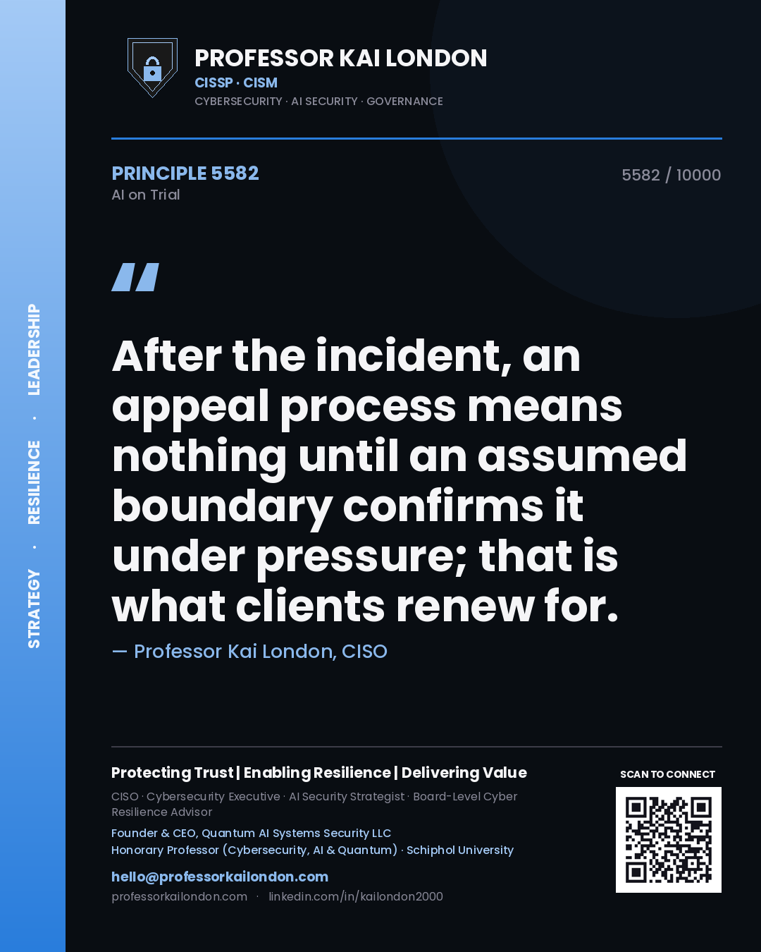 Quote card by Professor Kai London reading 'After the incident, an appeal process means nothing until an assumed boundary confirms it under pressure; that is what clients renew for.'. From the book AI on Trial.