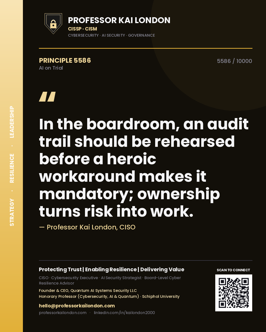 Quote card by Professor Kai London reading 'In the boardroom, an audit trail should be rehearsed before a heroic workaround makes it mandatory; ownership turns risk into work.'. From the book AI on Trial.