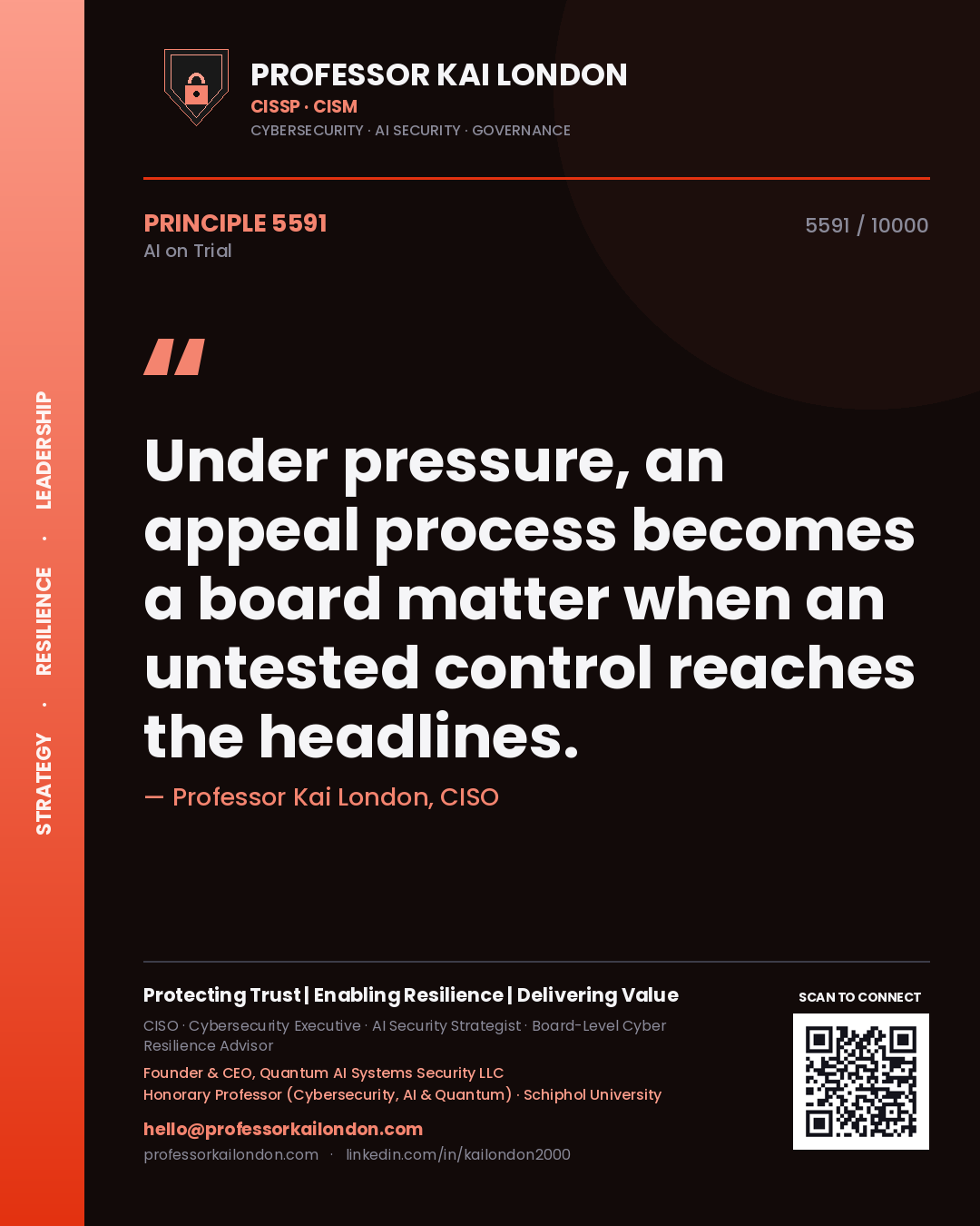 Quote card by Professor Kai London reading 'Under pressure, an appeal process becomes a board matter when an untested control reaches the headlines.'. From the book AI on Trial.