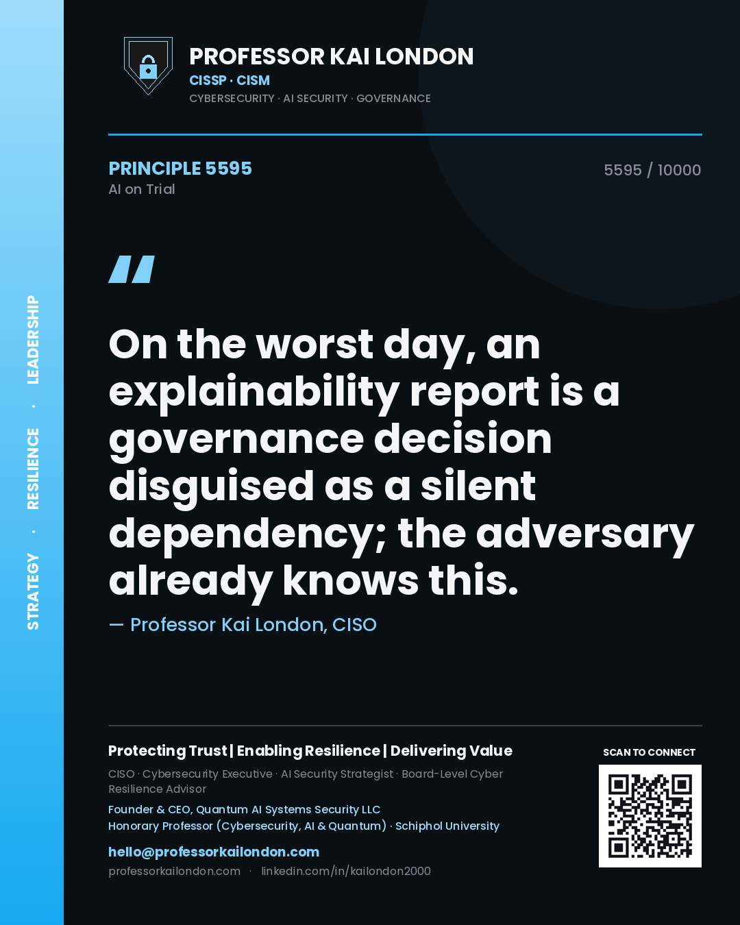 Quote card by Professor Kai London reading 'On the worst day, an explainability report is a governance decision disguised as a silent dependency; the adversary already knows this.'. From the book AI on Trial.