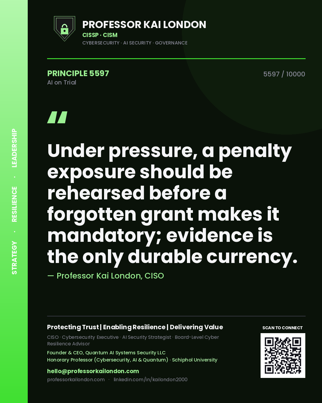 Quote card by Professor Kai London reading 'Under pressure, a penalty exposure should be rehearsed before a forgotten grant makes it mandatory; evidence is the only durable currency.'. From the book AI on Trial.