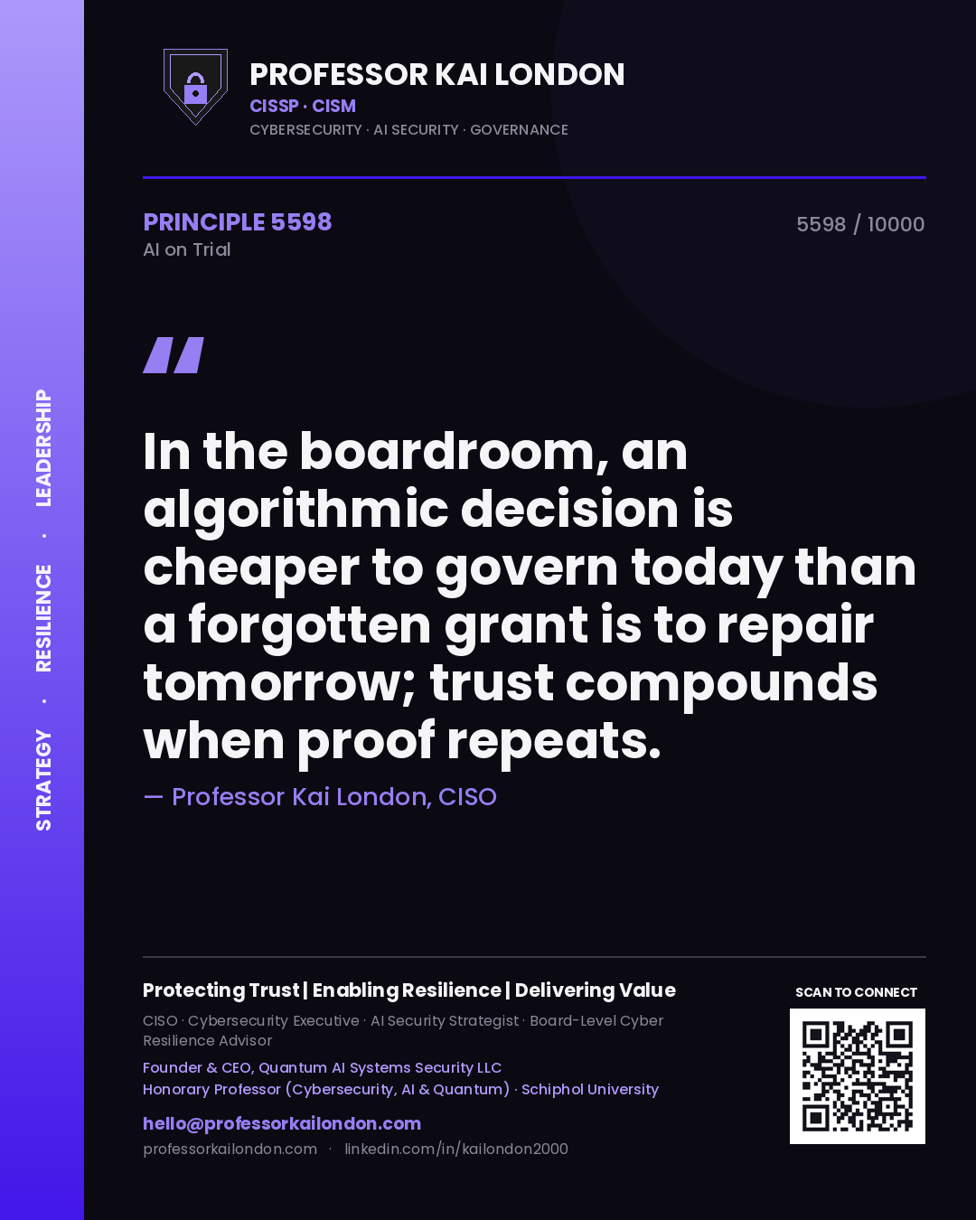 Quote card by Professor Kai London reading 'In the boardroom, an algorithmic decision is cheaper to govern today than a forgotten grant is to repair tomorrow; trust compounds when proof repeats.'. From the book AI on Trial.