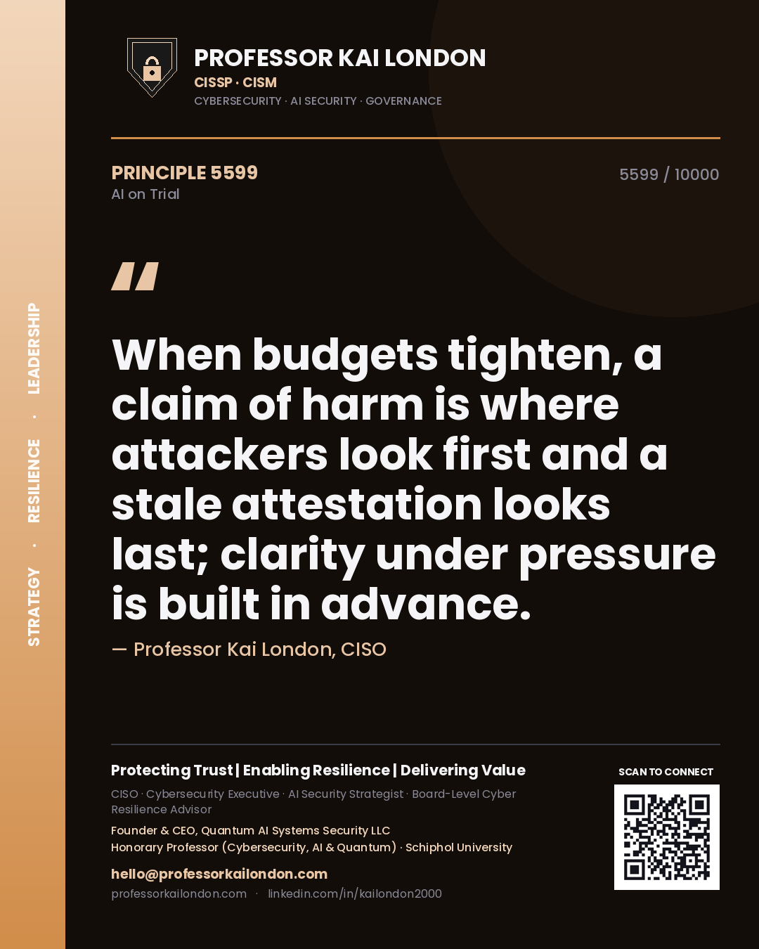 Quote card by Professor Kai London reading 'When budgets tighten, a claim of harm is where attackers look first and a stale attestation looks last; clarity under pressure is built in advance.'. From the book AI on Trial.