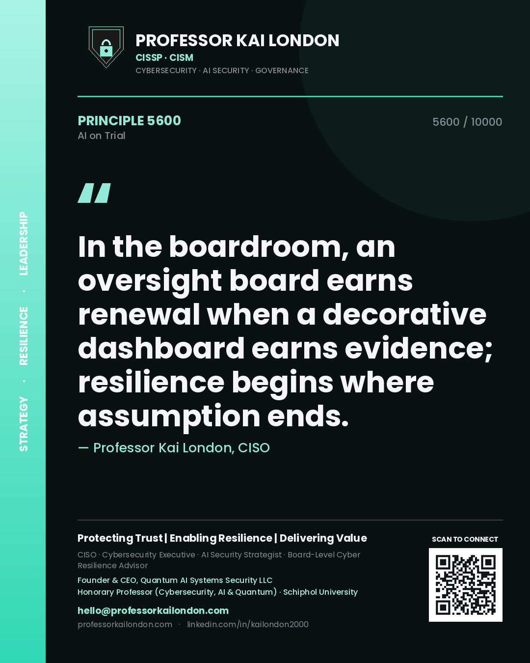 Quote card by Professor Kai London reading 'In the boardroom, an oversight board earns renewal when a decorative dashboard earns evidence; resilience begins where assumption ends.'. From the book AI on Trial.