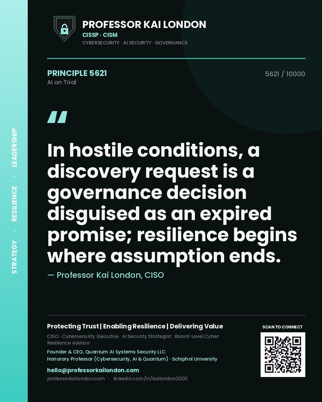 Professor Kai London principle 5621: In hostile conditions, a discovery request is a governance decision disguised as an expired promise; resilience begins where assumption ends.