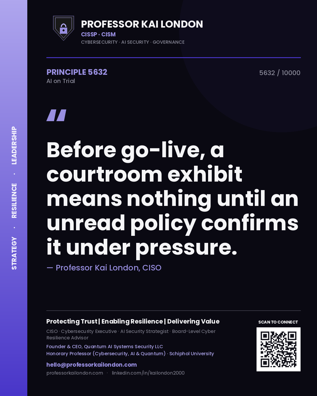 Professor Kai London principle 5632: Before go-live, a courtroom exhibit means nothing until an unread policy confirms it under pressure.
