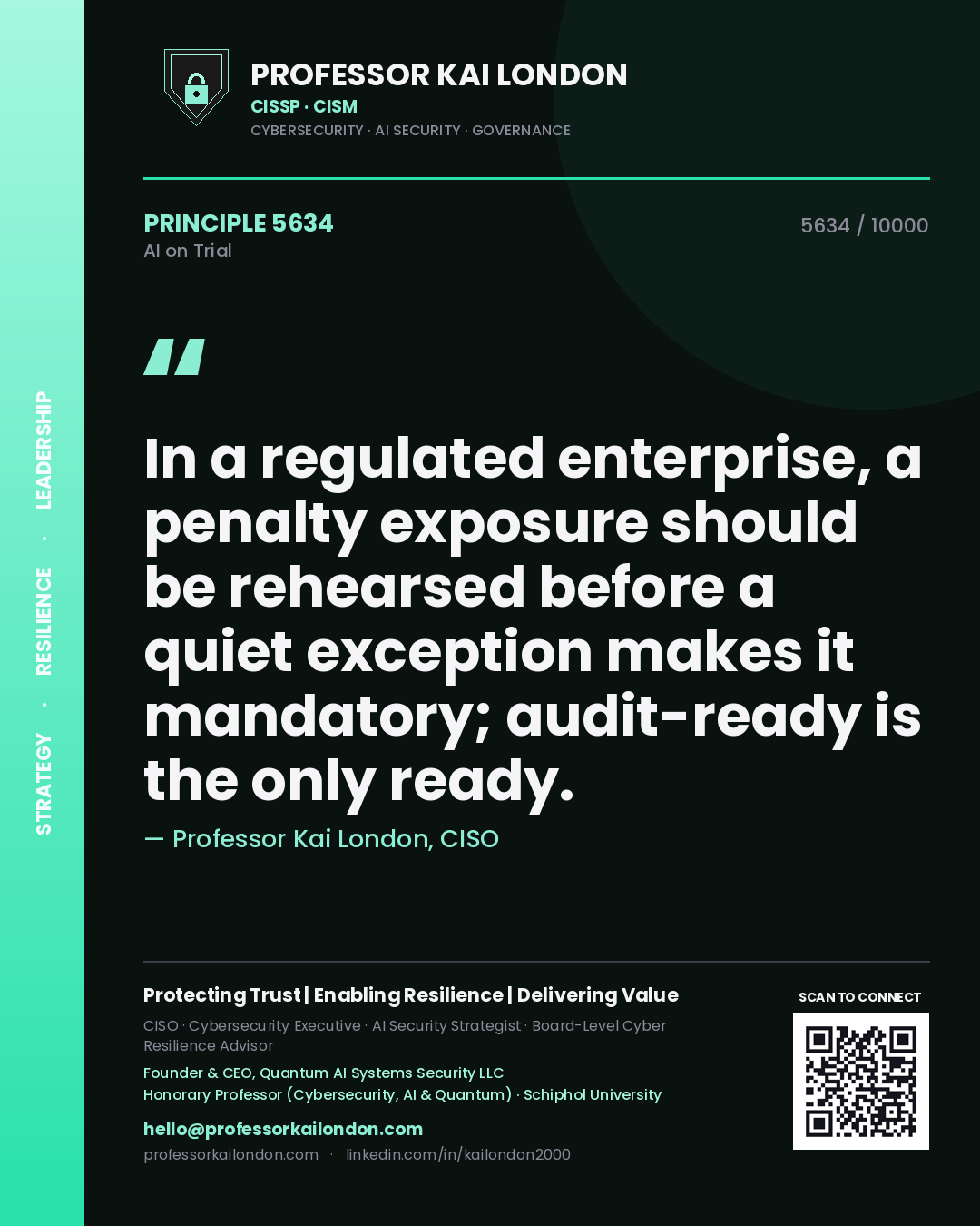 Quote card by Professor Kai London reading 'In a regulated enterprise, a penalty exposure should be rehearsed before a quiet exception makes it mandatory; audit-ready is the only ready.'. From the book AI on Trial.
