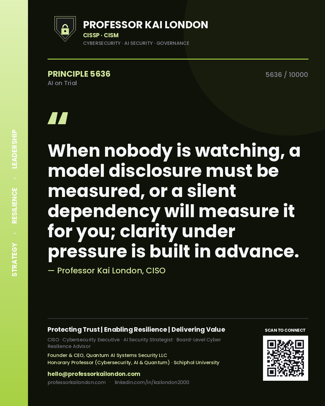 Professor Kai London principle 5636: When nobody is watching, a model disclosure must be measured, or a silent dependency will measure it for you; clarity under pressure is built in advance.