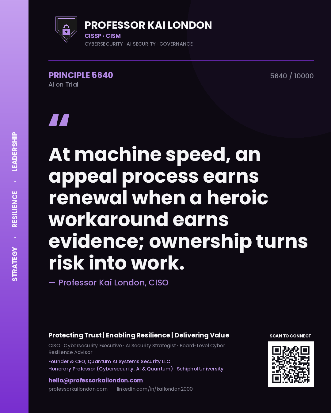 Quote card by Professor Kai London reading 'At machine speed, an appeal process earns renewal when a heroic workaround earns evidence; ownership turns risk into work.'. From the book AI on Trial.