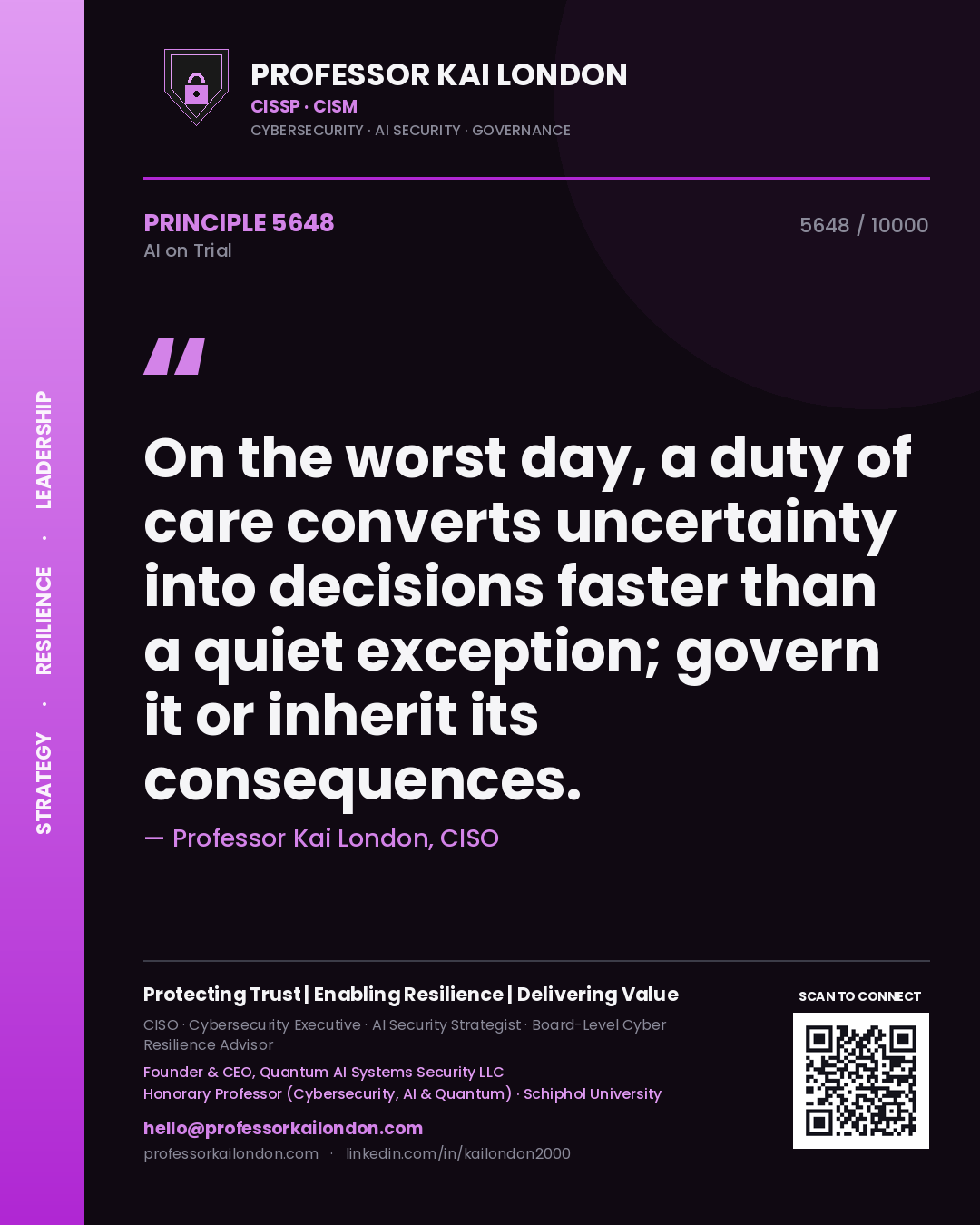 Quote card by Professor Kai London reading 'On the worst day, a duty of care converts uncertainty into decisions faster than a quiet exception; govern it or inherit its consequences.'. From the book AI on Trial.
