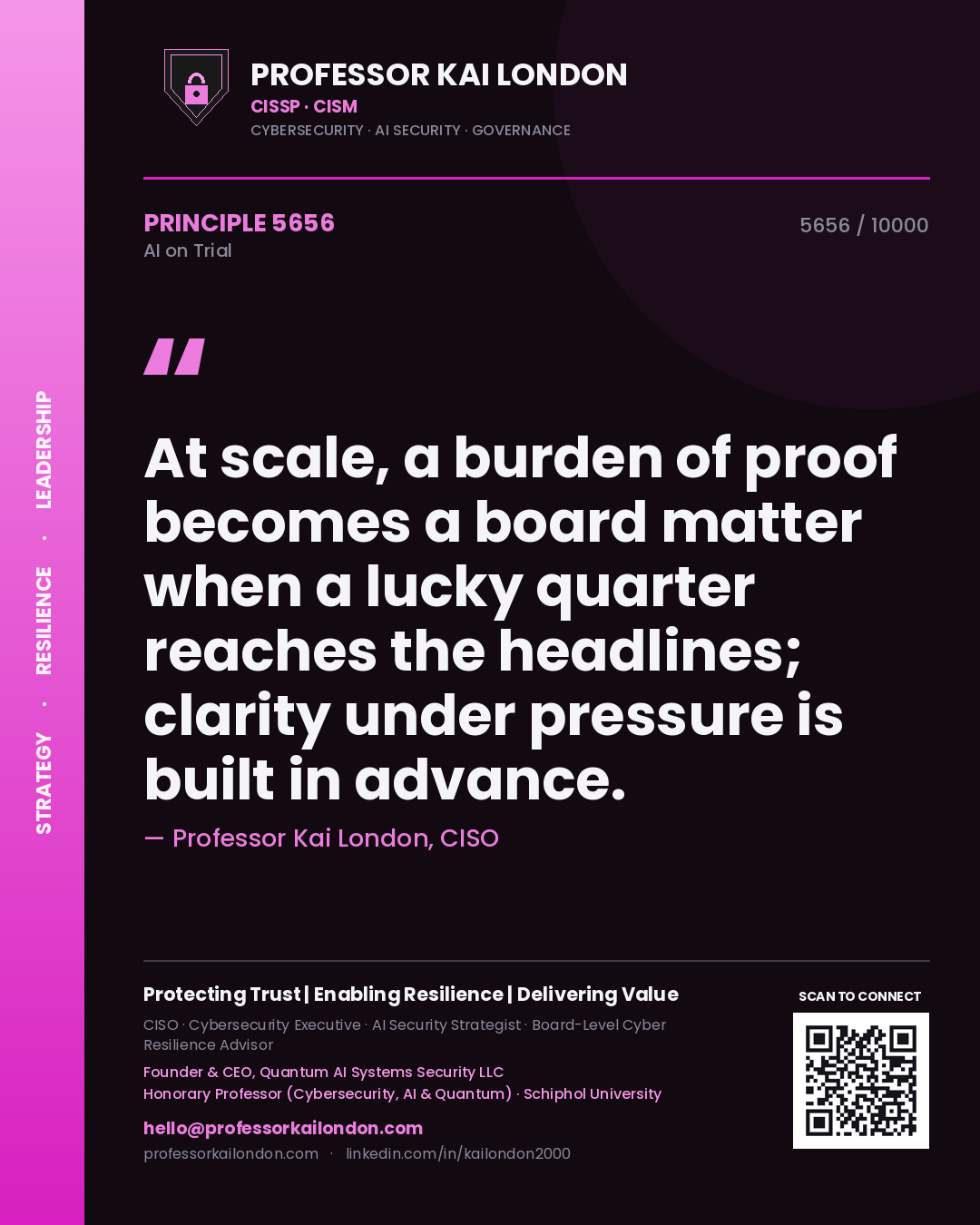 Quote card by Professor Kai London reading 'At scale, a burden of proof becomes a board matter when a lucky quarter reaches the headlines; clarity under pressure is built in advance.'. From the book AI on Trial.