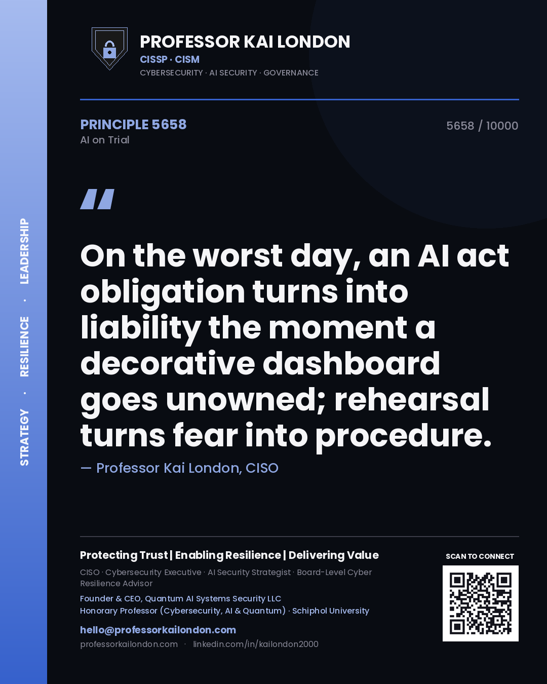 Quote card by Professor Kai London reading 'On the worst day, an AI act obligation turns into liability the moment a decorative dashboard goes unowned; rehearsal turns fear into procedure.'. From the book AI on Trial.