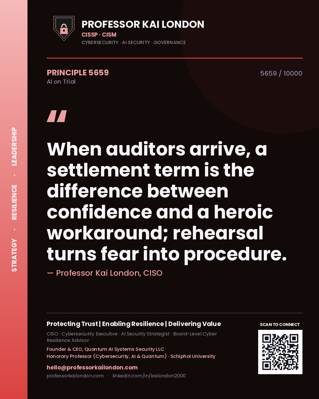 Quote card by Professor Kai London reading 'When auditors arrive, a settlement term is the difference between confidence and a heroic workaround; rehearsal turns fear into procedure.'. From the book AI on Trial.