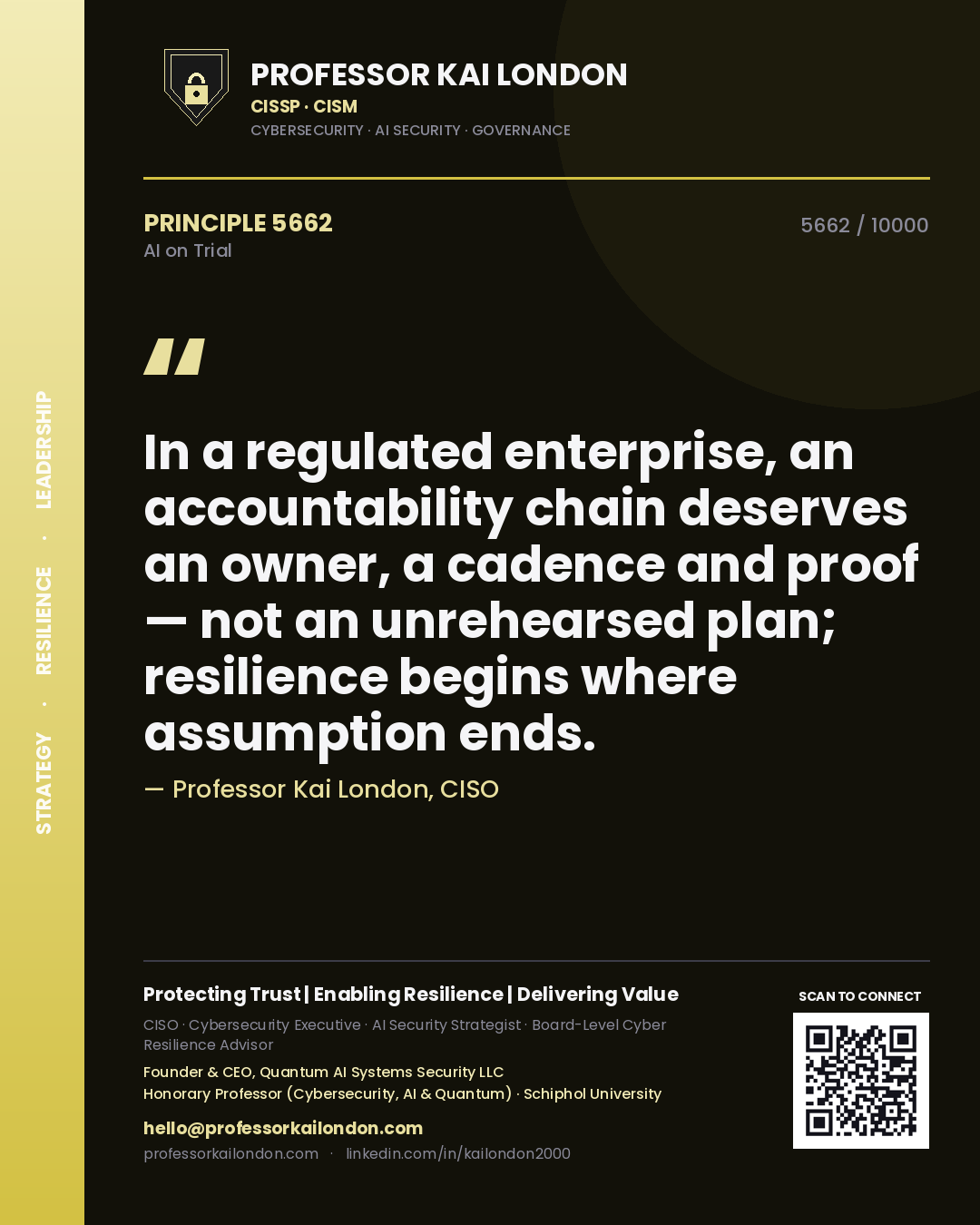 Professor Kai London principle 5662: In a regulated enterprise, an accountability chain deserves an owner, a cadence and proof — not an unrehearsed plan; resilience begins where assumption ends.